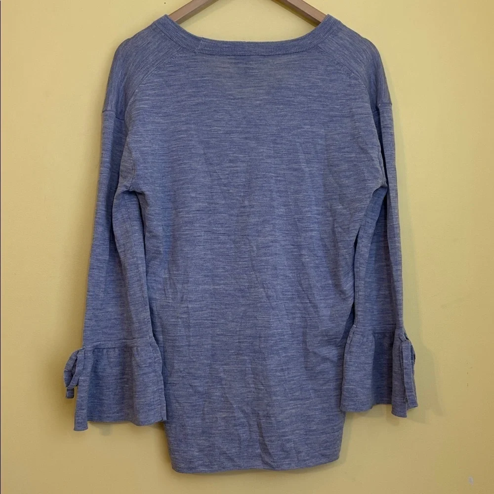 J Crew Lavender Lilac 100% Merino Wool Knit Hi Lo Bell Tie Cuff V Neck Sweater S